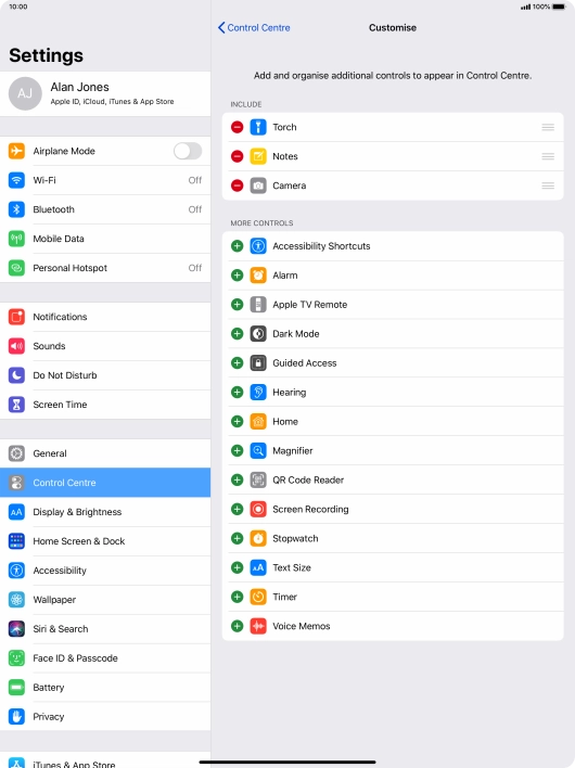 Press the delete icon next to the required function to remove it from Control Centre.