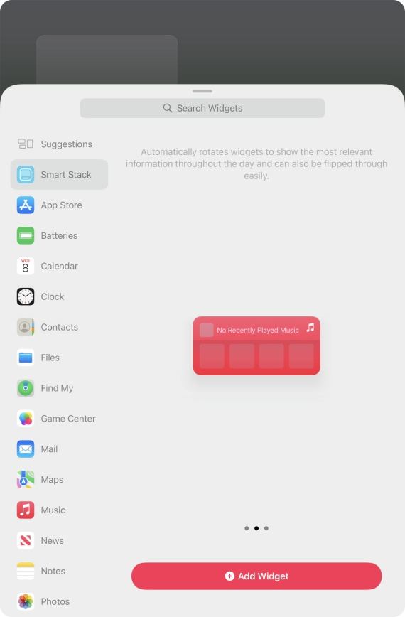 Slide your finger right or left on the screen to select the required widget size.