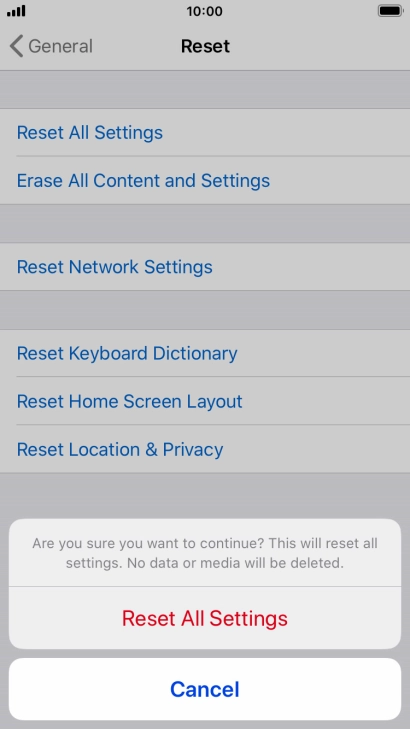 Press Reset All Settings. Wait a moment while the factory default settings are restored. Follow the instructions on the screen to set up your phone and prepare it for use.