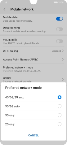 Press the required network mode.