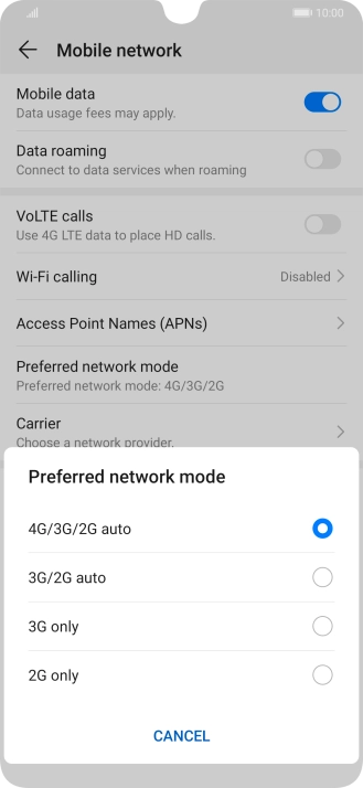 Press the required network mode.