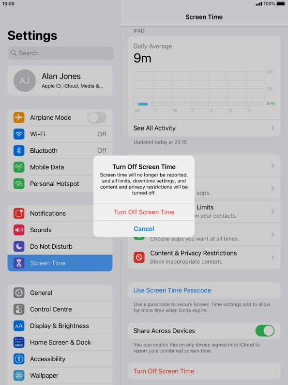 Press Turn Off Screen Time.