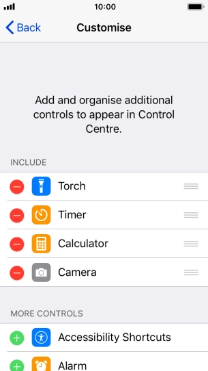 Press the delete icon next to the required function to remove it from Control Centre.