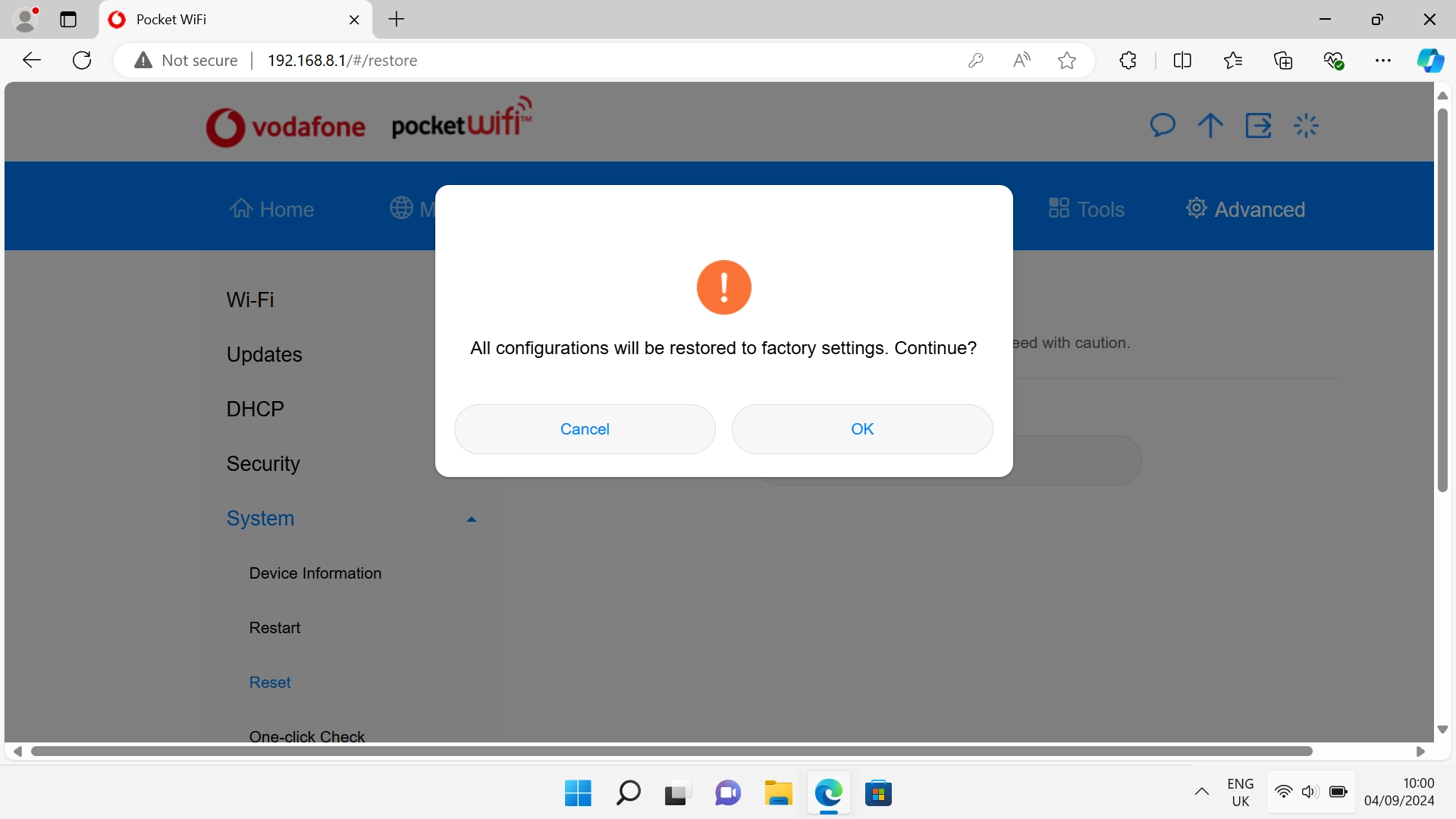 Click OK and wait while your router restores the factory default settings.