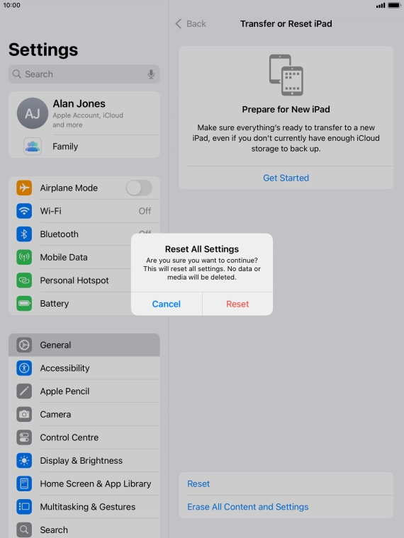 Press Reset. Wait a moment while the factory default settings are restored. Follow the instructions on the screen to set up your tablet and prepare it for use.