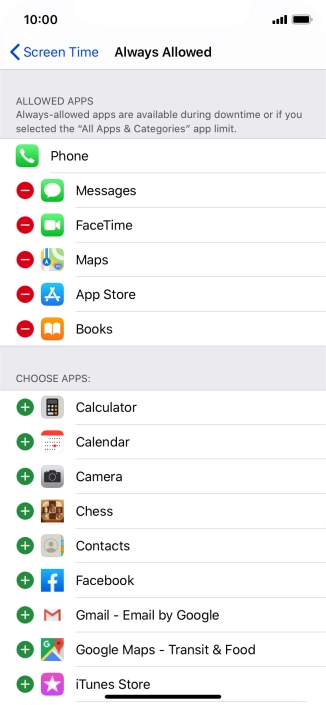 Press the remove icon next to the required app to remove it from the list of allowed apps during Downtime.