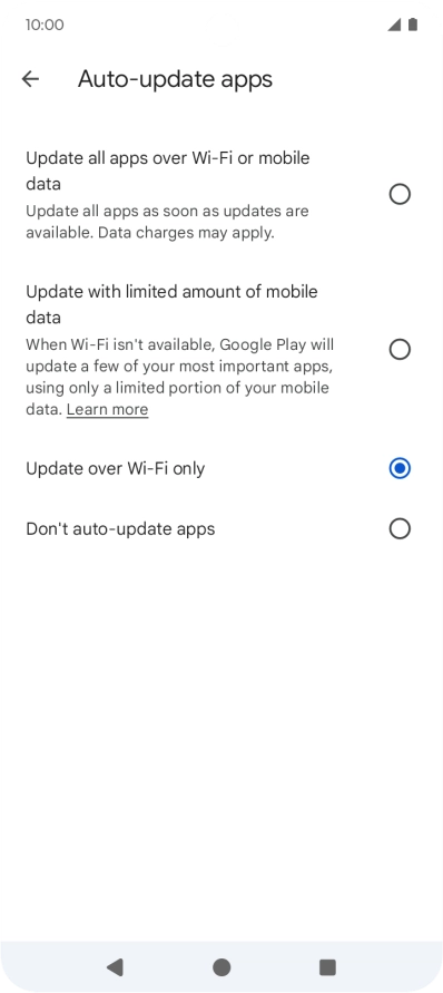 To turn on automatic update of apps using mobile network, press Update all apps over Wi-Fi or mobile data.