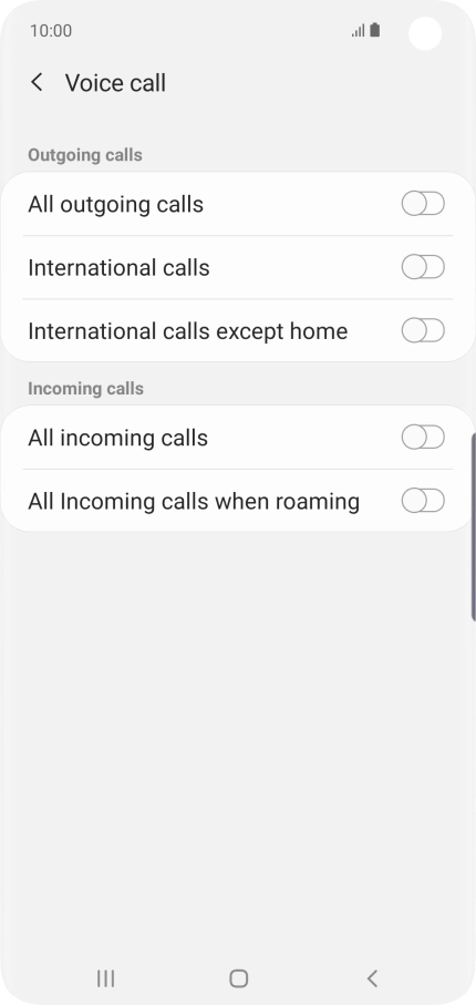 Press the indicator next to the required barring type to turn the function on or off.