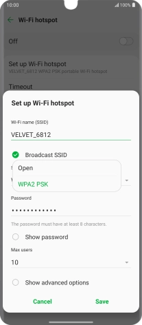 Press WPA2 PSK to password protect your Wi-Fi hotspot.