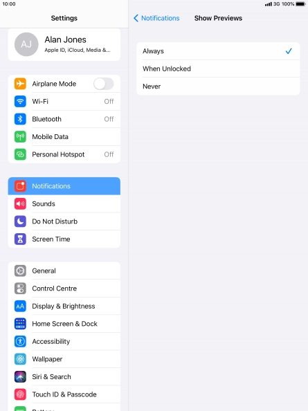 To select notification preview on the lock screen, press Always.