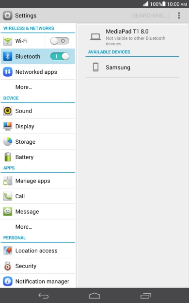 Press the required Bluetooth device and follow the instructions on the screen to pair the device with your tablet.