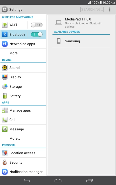 Press the required Bluetooth device and follow the instructions on the screen to pair the device with your tablet.