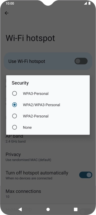 Press WPA3-Personal to password protect your Wi-Fi hotspot.