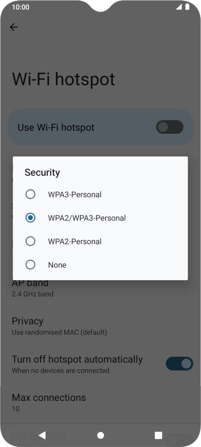 Press WPA3-Personal to password protect your Wi-Fi hotspot.