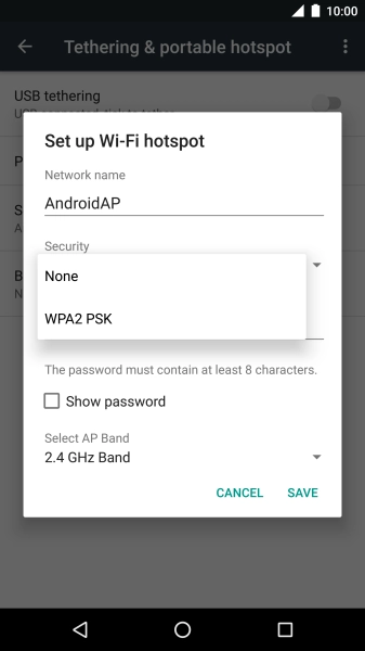 Press WPA2 PSK to password protect your Wi-Fi hotspot.