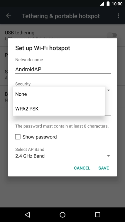 Press WPA2 PSK to password protect your Wi-Fi hotspot.