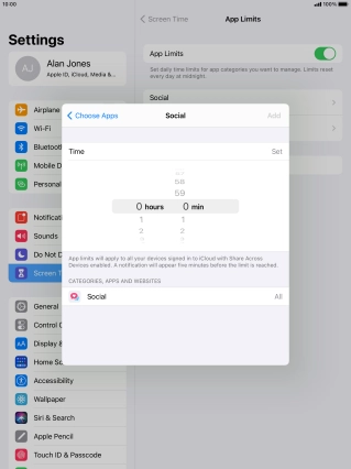Set the required time limit for use of the selected category.