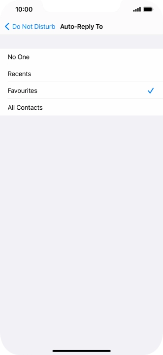 Press the required setting to select which contacts should automatically be notified that Do Not Disturb While Driving is turned on.