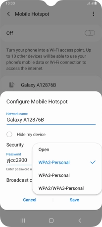 Press WPA3-Personal to password protect your Wi-Fi hotspot.