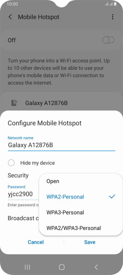 Press WPA3-Personal to password protect your Wi-Fi hotspot.