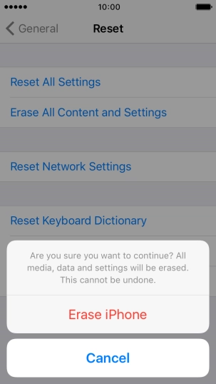 Press Erase iPhone. Wait a moment while the factory default settings are restored. 
Follow the instructions on the screen to set up your phone and prepare it for use.