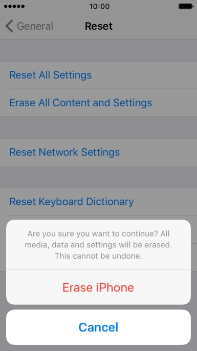 Press Erase iPhone. Wait a moment while the factory default settings are restored. 
Follow the instructions on the screen to set up your phone and prepare it for use.