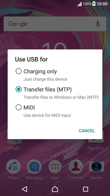 Press Transfer files (MTP).