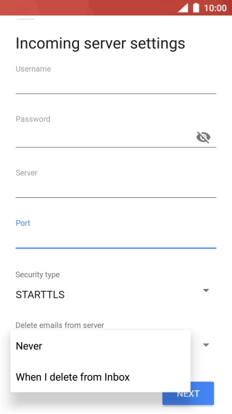 Press Never to keep email messages on the server when you delete them on your phone.