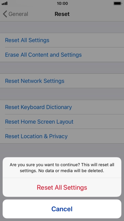 Press Reset All Settings. Wait a moment while the factory default settings are restored. Follow the instructions on the screen to set up your phone and prepare it for use.