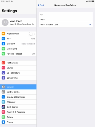 To turn off background refresh of apps, press Off.