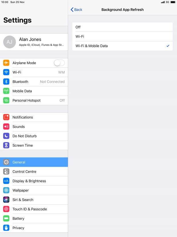 To turn off background refresh of apps, press Off.