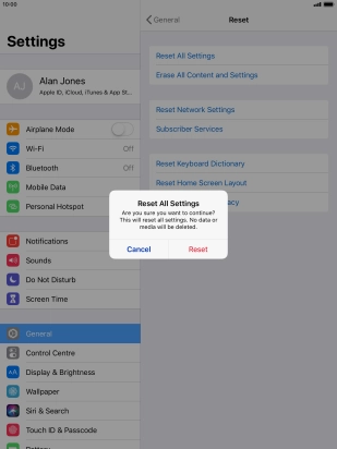 Press Reset. Wait a moment while the factory default settings are restored. Follow the instructions on the screen to set up your tablet and prepare it for use.