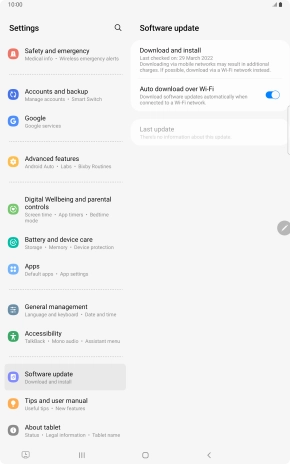 Press Download and install. If a new software version is available, it's displayed. Follow the instructions on the screen to update the tablet software.