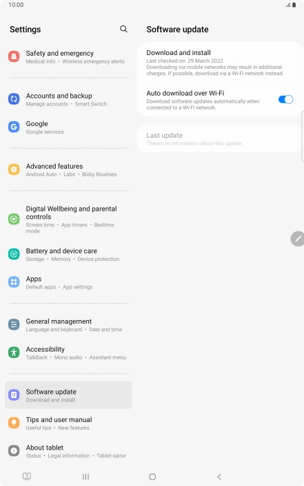 Press Download and install. If a new software version is available, it's displayed. Follow the instructions on the screen to update the tablet software.