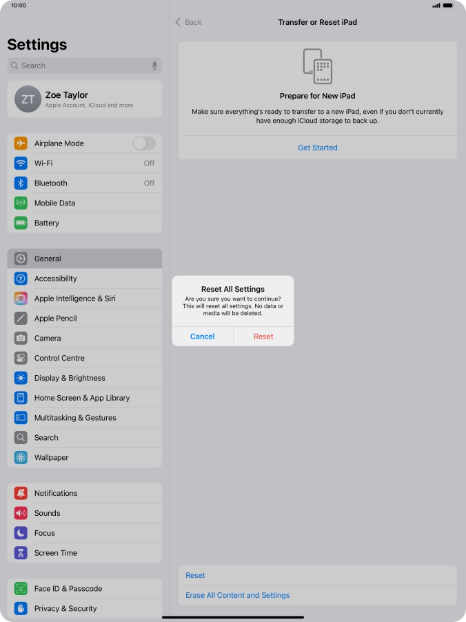 Press Reset. Wait a moment while the factory default settings are restored. Follow the instructions on the screen to set up your tablet and prepare it for use.