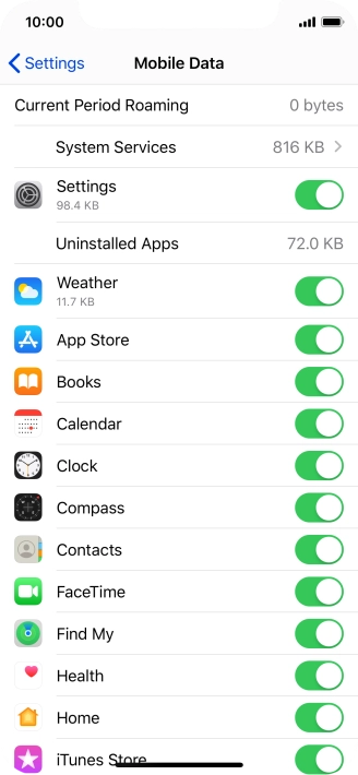 Press the indicators next to the required applications to turn the function on or off.