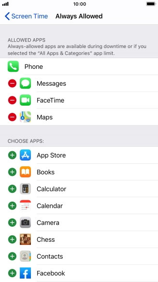 Press the add icon next to the required app to add it to the list of allowed apps during Downtime.