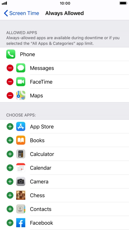 Press the add icon next to the required app to add it to the list of allowed apps during Downtime.