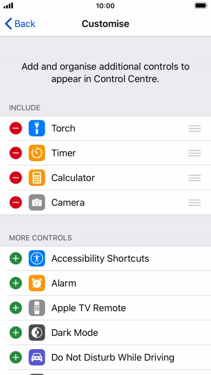 Press the delete icon next to the required function to remove it from Control Centre.