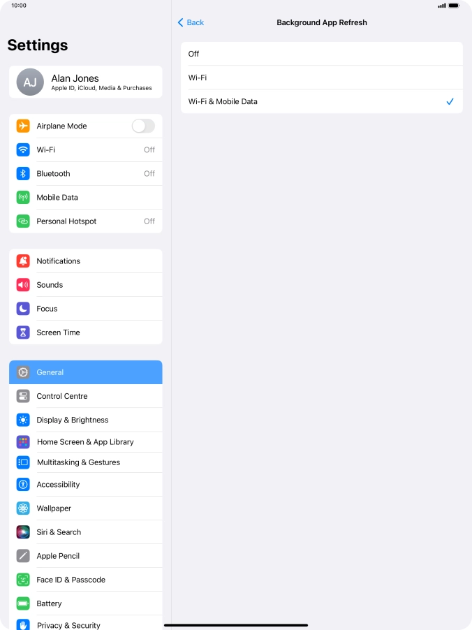 To turn off background refresh of apps, press Off.