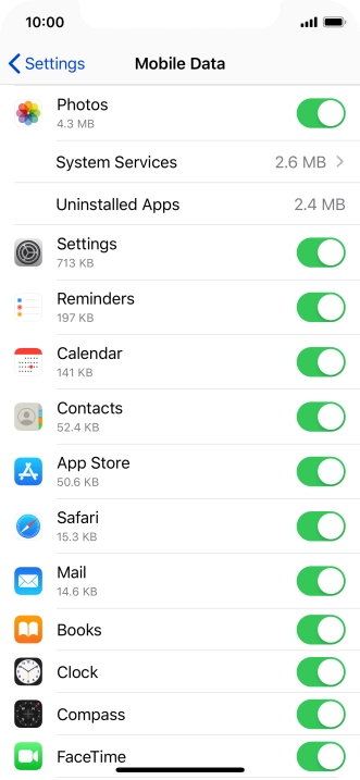 The data usage for each application is displayed below the name of the application.
