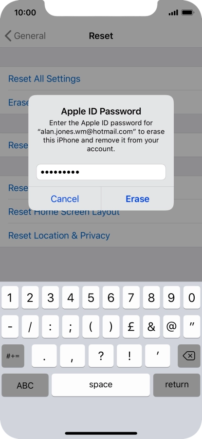 Key in the password for your Apple ID and press Erase. Wait a moment while the factory default settings are restored. Follow the instructions on the screen to set up your phone and prepare it for use.