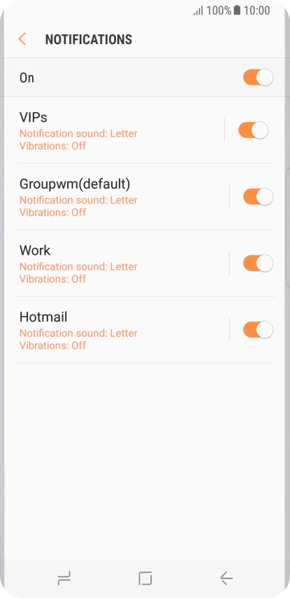 Press the indicator next to the required email account to turn the function on or off.