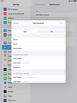 Press Username and key in the username for your email account.