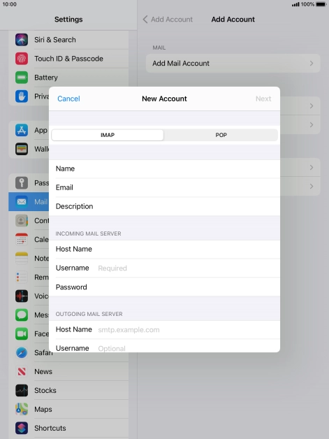 Press Username and key in the username for your email account.