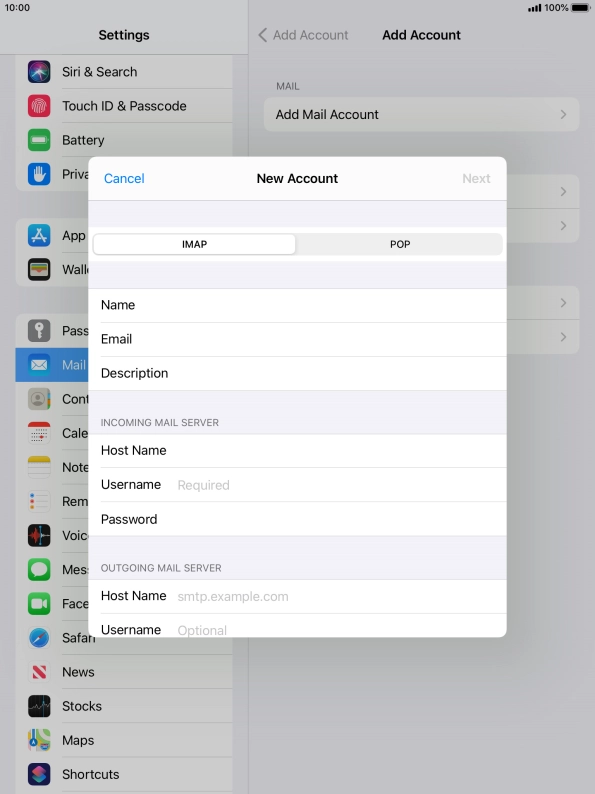 Press Username and key in the username for your email account.