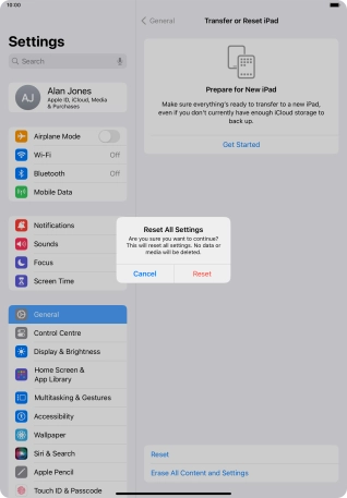 Press Reset. Wait a moment while the factory default settings are restored. Follow the instructions on the screen to set up your tablet and prepare it for use.