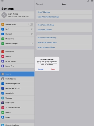 Press Reset. Wait a moment while the factory default settings are restored. Follow the instructions on the screen to set up your tablet and prepare it for use.
