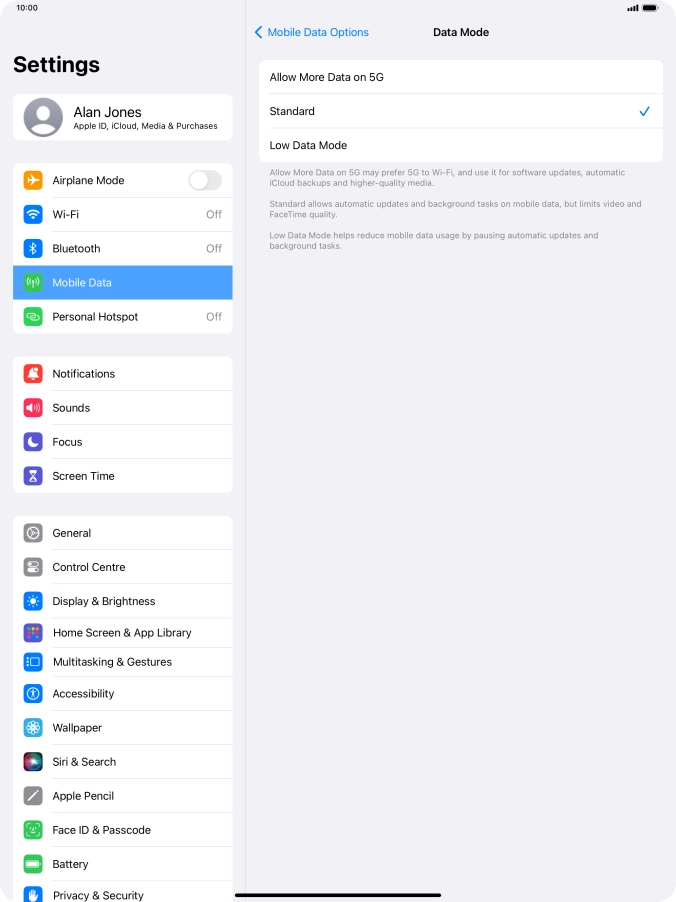 Press the required setting to turn the function on or off.