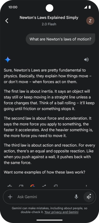 Transcription of the conversation with Gemini Live is now displayed.